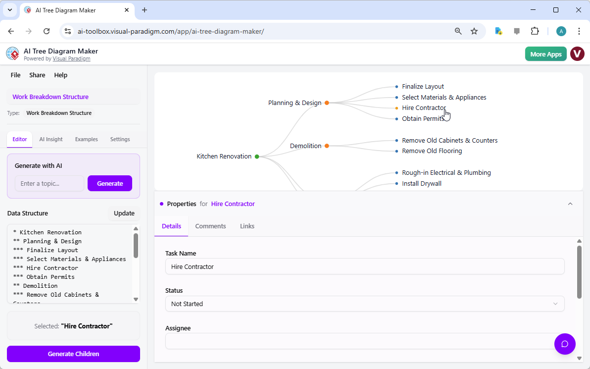 Optimierung von Küchenrenovierungsprojekten: Aufbau einer intelligenten Arbeitsaufteilungsstruktur mit dem AI-Baumdiagramm-Generator