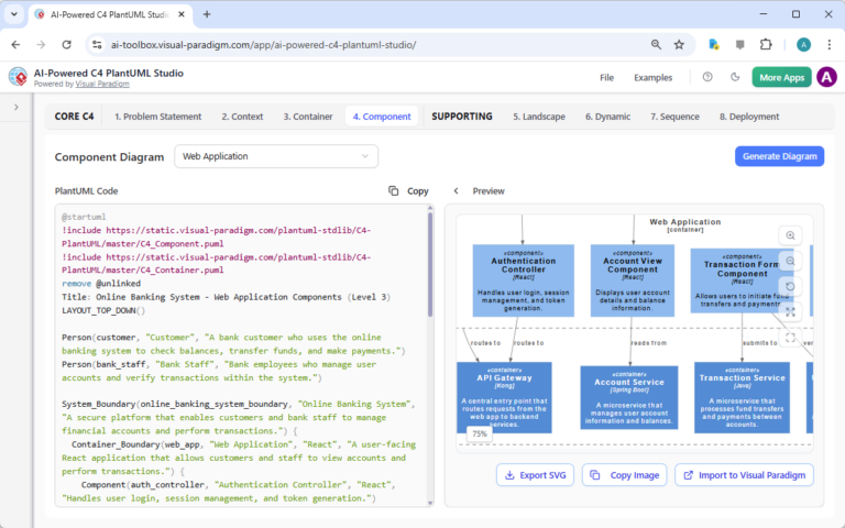 Building an Online Banking System Architecture with AI-Powered C4 PlantUML Studio