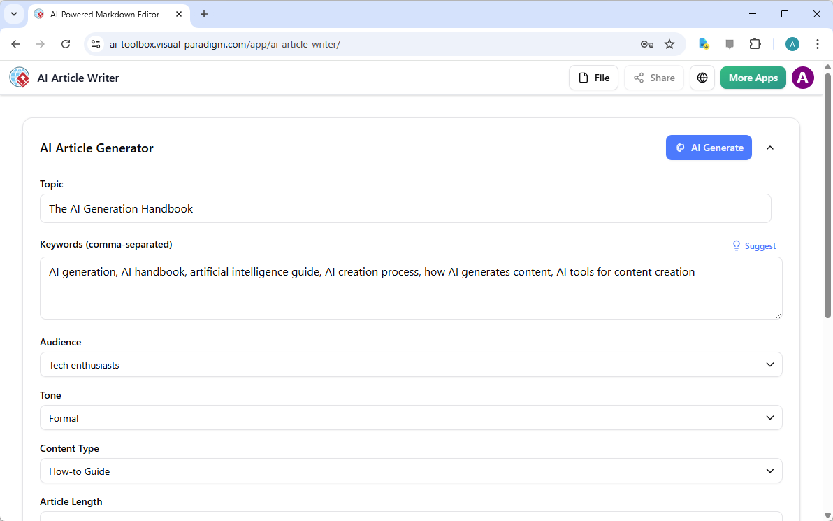 Drafting a Comprehensive AI Generation Handbook: A Guide to Visual Paradigm’s AI Article Writer Drafting a Comprehensive AI Generation Handbook: A Guide to Visual Paradigm’s AI Article Writer
