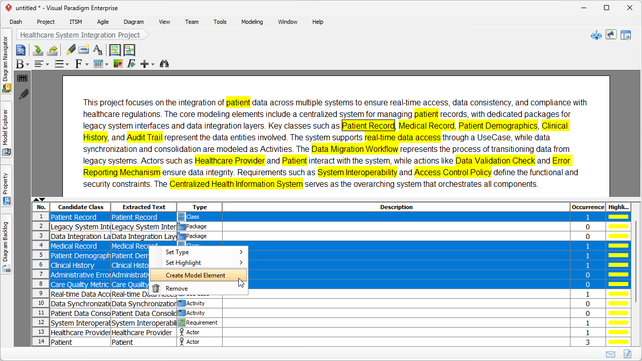 Transforming Healthcare Requirements into Class Models: AI Textual Analysis Guide with Visual Paradigm